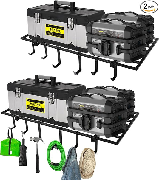 Colinktool Garage Wall Shelving, 2X4ft Garage Storage Rack,Heavy Duty Wall Mounted Storage Shelf With 12 pc Hooks-Each Loads 260lbs Metal Wall Shelf,Black,2Pack
