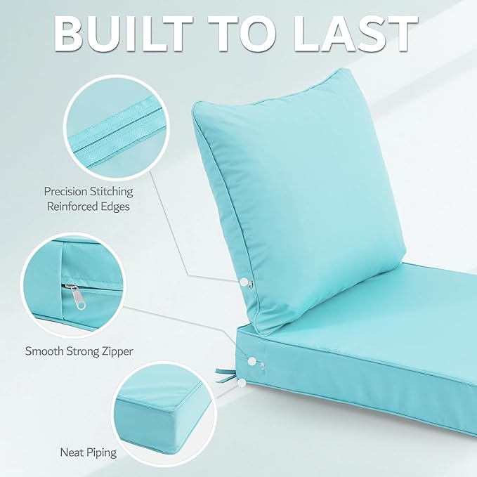 24x24 Inch Outdoor Chair Cushions Set of 4, Patio Furniture Cushions - Removable Cover, Water-Repellent, Fade-Resistant, Non-Slip Bottom & Straps, Replacement for Deep Seat Sofa & Couch - Light Blue