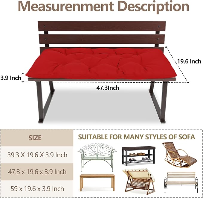 Yddsky 47.3 in Waterproof Indoor/Outdoor Garden Bench Seat Cushions，Thicken Patio Bench Soft Rocking Chairs Pad Lounger Seat for Wicker Loveseat Settee（47.3 X 19.6 X 3.9 inch，Red ）