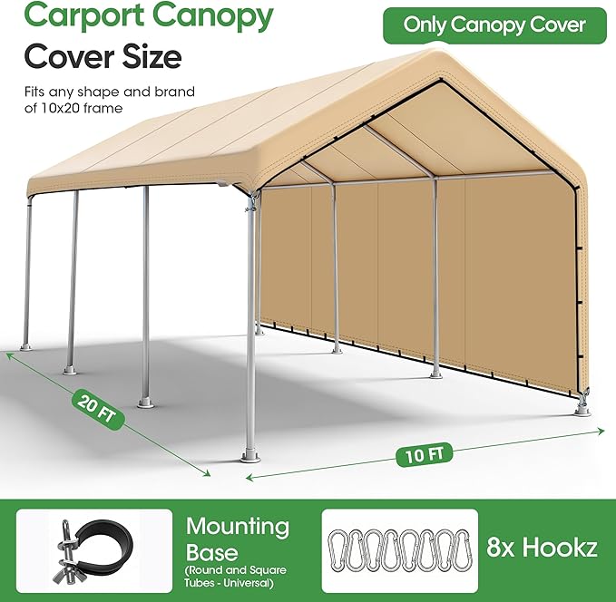 SIHAIAN 10 x 20 Ft Carport Replacement Canopy Cover with Sidewall(No Frame) Easy to Set up Carport Canopy, 500D Heavy-Duty Garage Top Tent Tarp Waterproof and UV Protected (Only Canopy Cover) Beige