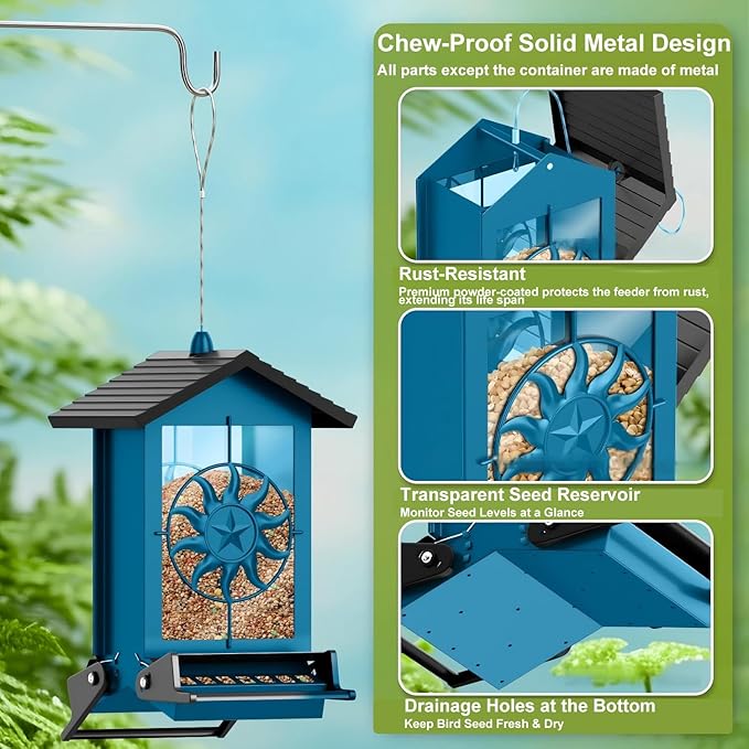 Squirrel Proof Bird Feeders for Outdoors with Weight-Activated, 5LB Large Metal Wild Bird Feeders for Cardinals,Blue Jay,Finch, Weatherproof Durable Hanging Bird Feeder for Backyard,Garden (Blue)