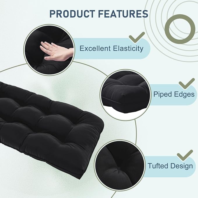 downluxe Outdoor Bench Cushion for Patio Furniture, Water Resistant Tufted Overstuffed Porch Swing Cushions, Thick Outdoor Loveseat Cushions, 59" x 18" x 5", Black, Set of 1