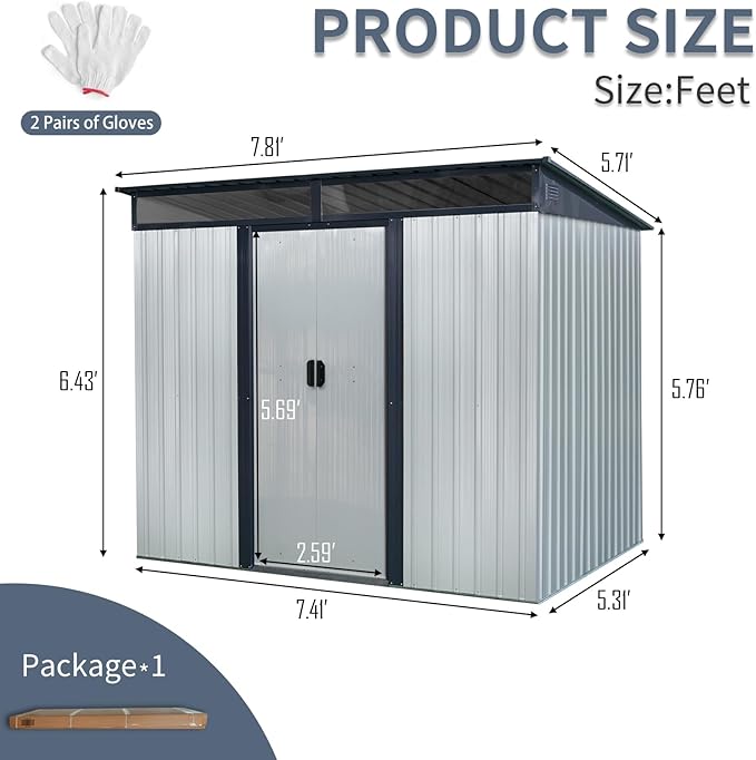 KEIKI 8x6 FT Outdoor Metal Storage Shed with Sloped Roof,Vents and Lockable Sliding Door for Garden Yard Lawn