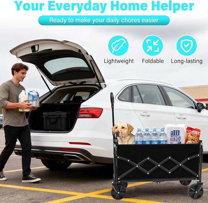 Wagons Carts Foldable, Collapsible Wagon with Wheels — Foldable Wagon for Groceries,Picnic,Beach,Camping, Small Hauls, Apartment Moving Storage, Portable Utility Folding Wagon Cart, 360lbs,Jet Black