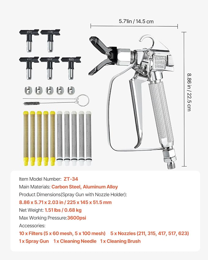VEVOR Airless Paint Spray Gun, 3600PSI High Pressure Airless Paint Sprayer Gun with 5 Tips, 211, 315, 417, 517, 623, Swivel Joint Airless Spray Gun Kit with Filters, Cleaning Needle and Brush