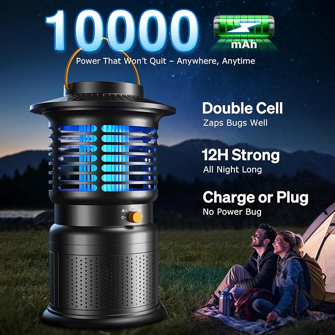 Cordless Bug Zapper Outdoor, Rechargeable Mosquito Zapper with 10,000mAh Battery & Dual Zap + Suction Trap | Quiet, Waterproof Electric Fly Zapper for Patio, Bedroom, Kitchen