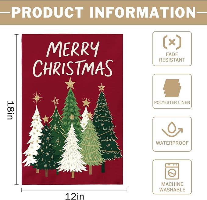 Merry Christmas Garden Flag 12x18 Inch Dark Red Green Xmas Tree Holiday Winter Decorative Yard Flags for Outside Double Sided Seasonal Outdoor Home Farmhouse Decoration Porch New Year Decor