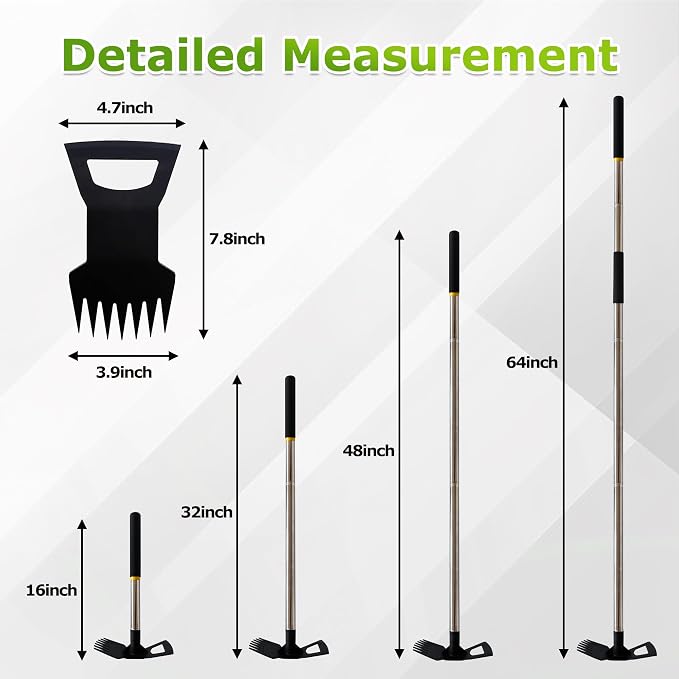 Weed Rake and Garden Hoe,7-Tine Manual Weeder Remover Tool,4-Section Adjustable 2 in 1 Hoe and Rake for Heavy-Duty Root Removal and Weed Clearing in Yards,Lawns,Patios,and Gardens