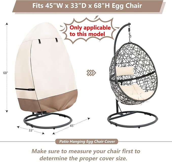 okcool Patio Hanging Egg Chair Cover, Waterproof Heavy Duty Outdoor Single Seat Swing Egg Chair with Stand Cover(Beige & Brown, Fits 45″W x 33″D x 68″H Egg Chair)