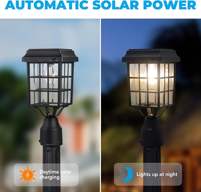 ST4329Q-A Solar Post Light Squared Frame Exterior Waterproof Led Fixture for Outdoor Garden Street Post Pole Yard Driveway Walkway Entryways (Flat Roof)