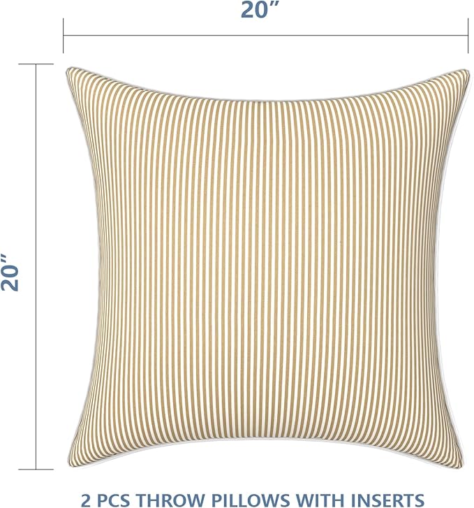 LVTXIII Outdoor/Indoor Throw Pillows, Decorative Patio Accent Pillows, Fluffy Water Repellent Garden Cushions for Home Patio Coach Sofa Use, 20×20 Inch, Pack of 2, Strip Beige
