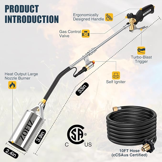 Propane Torch Weed Burner Kit,Heavy Duty Blow Torch with Storage Bag, Flamethrower with Turbo Trigger and 10 FT Hose for Weeding,Roofing, Melting Ice Snow,Road Marking (33IN)