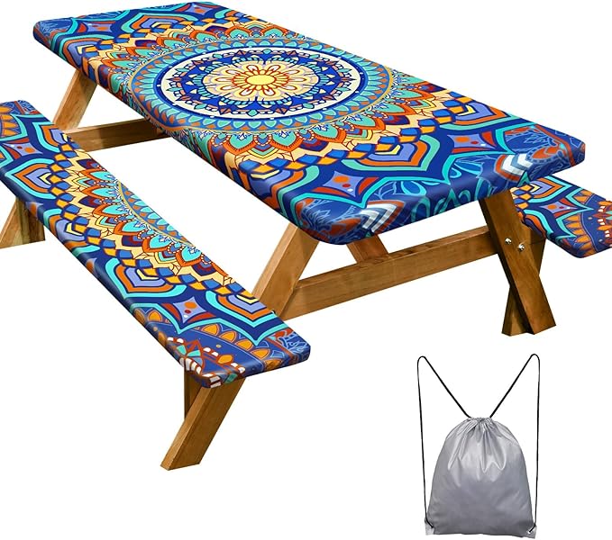 Picnic Table Cover with Bench Covers Camping Essentials Waterproof Windproof Camping Tablecloth with Drawstring Bag, Fitted Rectangle Tables and Seats, 72in, Yellow Blue Orange