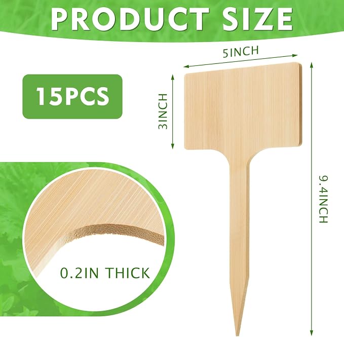 Hicarer 15 Pcs 9.4" x 5" Extra Large Bamboo Garden Labels, Natural Bamboo T-Type Large Plant Markers for Herbs, Flowers & Vegetables – Easy to Read Full-Size Tags for Garden Outdoor