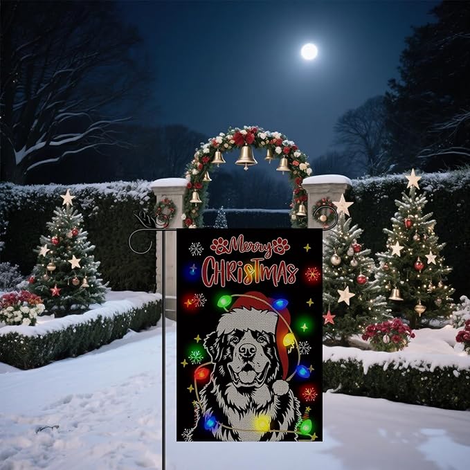 Christmas Dog Garden Flag - Led Saint Bernard Christmas Decor for Outside, Welcome Garden Flags Double-Sided Flag for Seasonal Winter Farmhouse Yard Lawn Decoration Gifts 12x18 inches