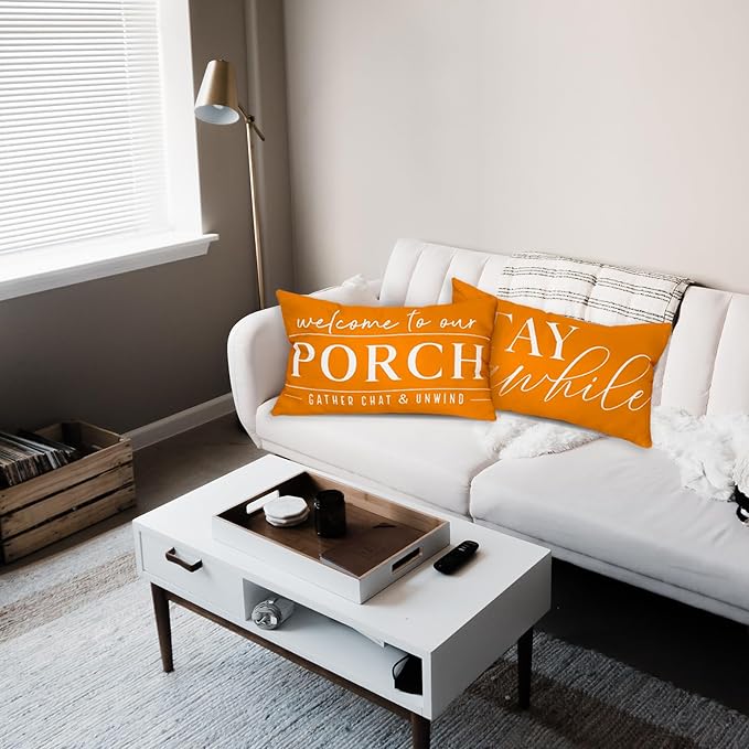 TAJWE Outdoor Pillow Covers Waterproof 12x20 Set of 2 Orange Decorative Fall Thanksgiving Pillowcases Welcome to Our Porch Stay Awhile Cushion Cases for Patio Furniture Sofa Couch Decor