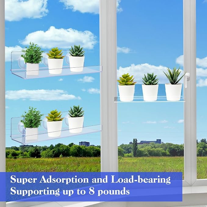 Reallnaive 3 Pack 12 Inch Window Suction Cup Shelf for Plants, Clear Acrylic Indoor Floating Shelves Plant Shelf Window Extender for Seed Starter Pots, Succulents, Herb Planters