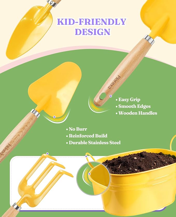8Pcs Kids Gardening Set with Metal Basket & Real Metal Tools, STEM Outdoor Kit, Ergonomic Wooden Handles, 3 Shovels, Rake, Watering Can, Gloves, Gift for Toddler Boys Girls, Yellow