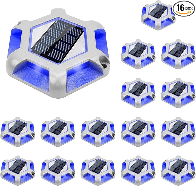 VOLISUN Solar Dock Lights, 16-Pack Waterproof Outdoor LED Aluminum Dock Lighting Warning Step Lights for Driveway (Blue+White, 2 Colors in 1), Auto On/Off