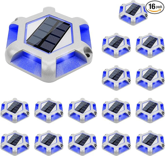 VOLISUN Solar Dock Lights, 16-Pack Waterproof Outdoor LED Aluminum Dock Lighting Warning Step Lights for Driveway (Blue+White, 2 Colors in 1), Auto On/Off