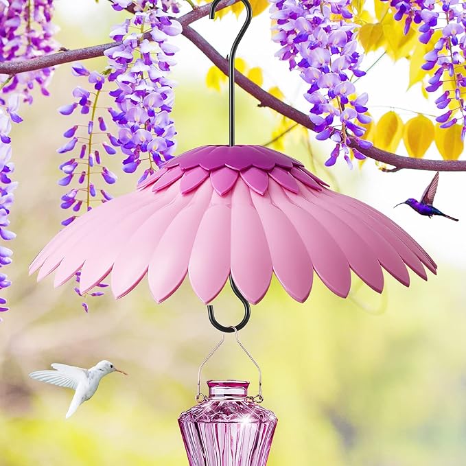 Beserie Bird Feeder Baffle Weather Rain Guard Dome Cover Keep Nectar Cool 14" Largh Diameter with Moat and 3 Hooks for Outside Hanging Hummingbird Feeder Bird Feeder（Pink Purple）