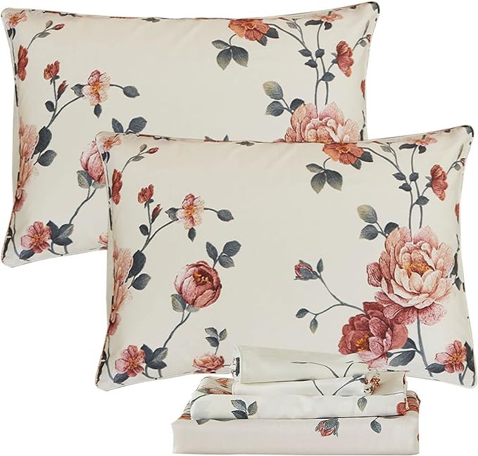 FADFAY Sheets Set Twin XL Shabby Beige Floral Bedding Elegant Peony Sheets Set Vintage Flower Bedding Collections 800 Thread Count 100% Egyptian Cotton Deep Pocket Fitted Sheet, 4Pcs-Twin XL Size