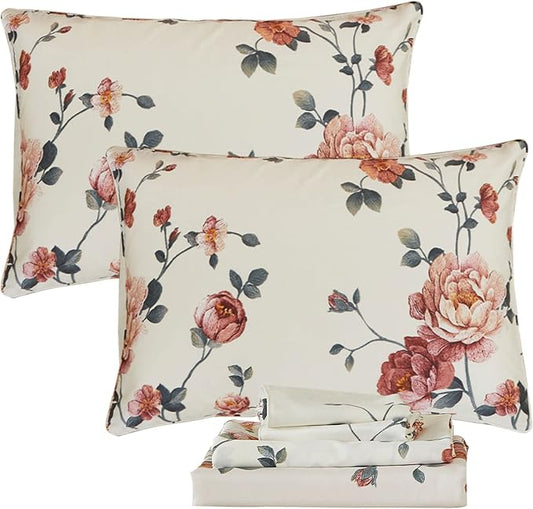 FADFAY Sheets Set Queen Shabby Beige Floral Bedding Elegant Peony Sheets Set Vintage Flower Bedding Collections Soft 100% Egyptian Cotton 800 Thread Count Deep Pocket Fitted Sheet, 4Pcs-Queen Size