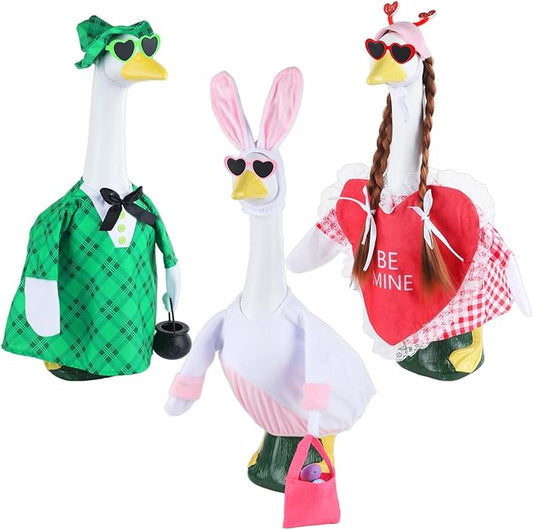 3 Sets Seasonal Porch Goose Outfits with Braid Wig Sunglasses Valentine St. Patrick Easter Bunny Festivals Lawn Goose Clothing Costume Set for 23“ Outdoor Yard Garden Patio Lawn Holiday Decorations