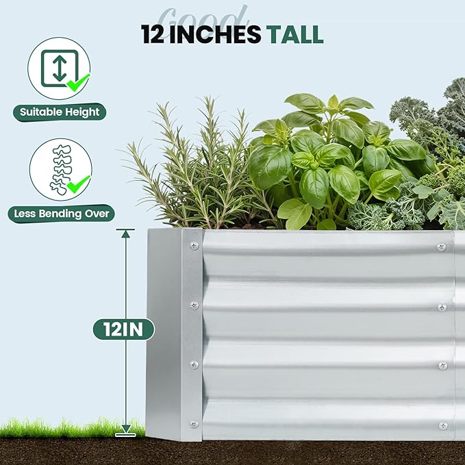 G GOOD GAIN 4x2x1ft Raised Garden Bed – Galvanized Metal Planter Box for Vegetables, Flowers, Herbs, Fruits – Outdoor Garden Beds with Open Bottom, Sliver