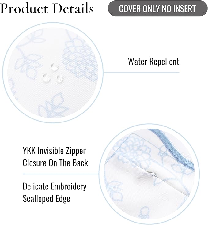 Hofdeco Premium Coastal Patio Indoor Outdoor Scalloped Lumbar Pillow Cover Only, 12"x20" Water Repellent for Backyard, Couch, Baby Blue Print Dahlia Floral (Pack of 2)