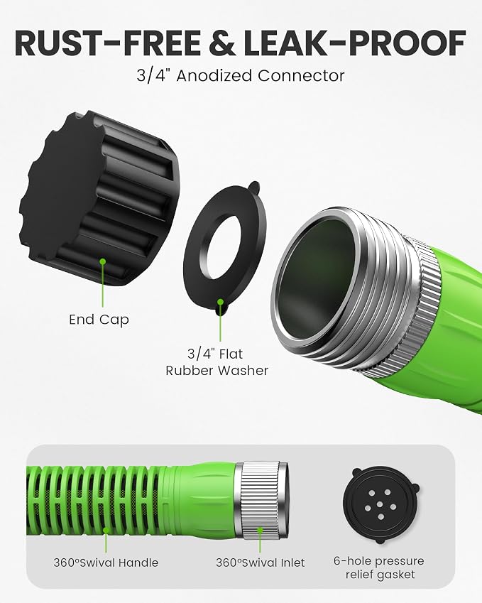 RAINPOINT 50FT Flat Soaker Hose, Flexible & Leakproof Drip Hose with Anodized Aluminum Fittings, Double Layer 80% Water-Saving Gardening Irrigation Hose, Green