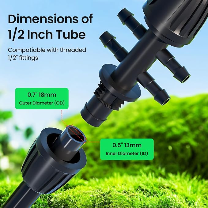 Bonviee 50FT 1/2" Drip Irrigation Tubing with 4-Pack 6-Way Connectors, Flexible Blank Distribution Hose Main Line for Garden Watering System, Raised Beds, Flower & Vegetable Gardens