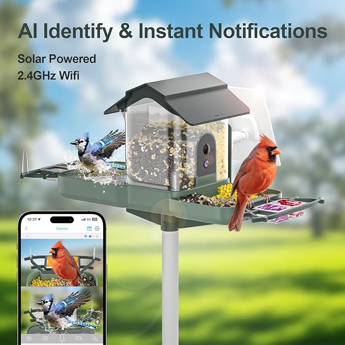 Dual-Lens Smart Bird Feeder with Camera & Bird Bath, 2.4G WiFi 2K HD Live View, Auto Record Video, AI Identify, APP Instant Notifications, Solar Powered, Birdwatching Gifts for Family, Birds Lover