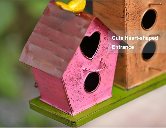 Large Bird House for Outside, 3-Room Metal Birdhouse with Easy Clean Door | Vintage metal bird house with 3 rooms, perfect shelter for finches, wrens and cardinals, featuring a handy clean door