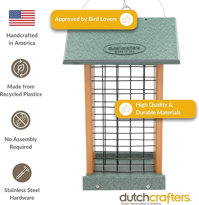 DutchCrafters Plastic Poly Hanging Whole Peanut Bird Feeder for Large Birds, Woodpeckers, Blue Jays for Outdoor, Garden, Yard - USA Amish Made (Turf Green & Cedar)