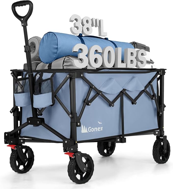 Gonex 38''L Collapsible Foldable Wagon Cart with 360lbs Weight Capacity,220L Folding Utility Garden Cart with Detachable Wheels for Grocery Sports Shopping Camping - Blue