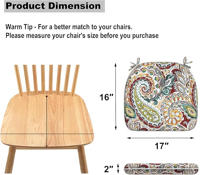 DYTXIII Set of 2 Outdoor Chair Cushions with Ties, Water Repellent Patio Chair Pads 17"x 16" for Outdoor Furniture, Round Corner Seat Cushions for Garden Yard Kitchen Paisley Chilli