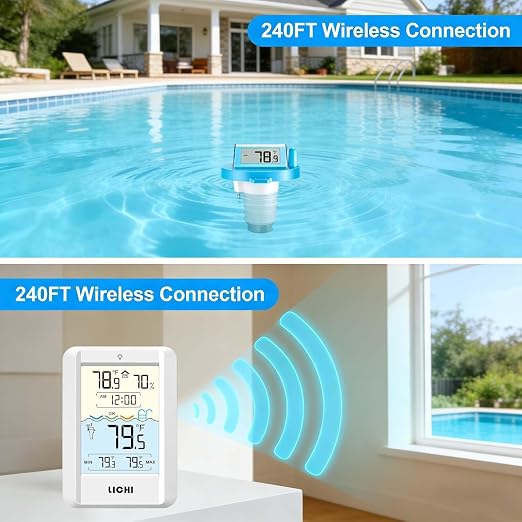 Solar Wireless Floating Pool Thermometer - Upgraded IPX8 Waterproof Easy Read Digital Thermometer with Time, Indoor Temperature & Humidity Monitor for Swimming Pools, Spas, Hot Tubs