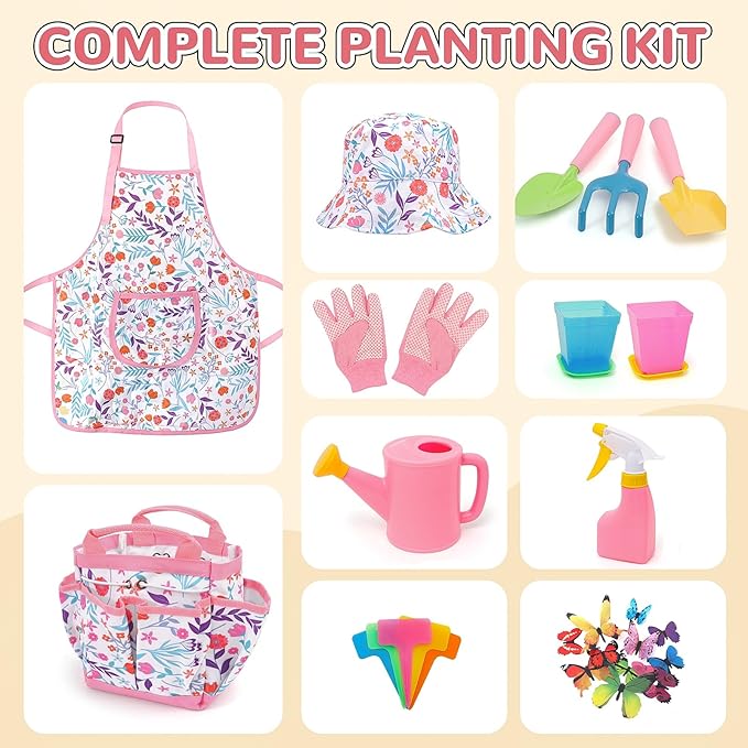Kids Gardening Tool Set Kids Gardening Tools Shovel Rake Fork Trowel Apron Gloves Watering Can and Tote Bag Toddler Gardening Tools for Kids Best Outdoor Toys Gift for Boys and Girls