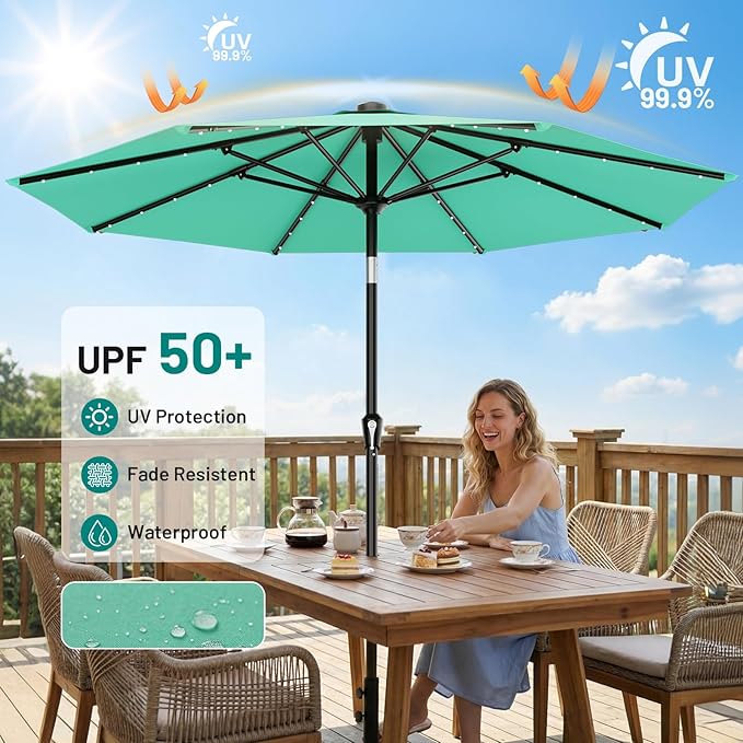 AreShark 9FT Patio Umbrella with Solar Lights, 32 Lighted Pool Umbrella w/Tilt and Crank, Outdoor Market Solar Umbrellas for Garden, Deck, Backyard, Pool and Beach, Cerulean