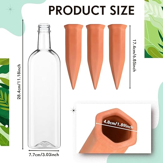 Dandat 12 Pcs 34oz Plant Watering Devices Include Terracotta Self Watering Spikes with 1000ml Plastic Bottles Slow Release Vacation Insert Automatic Plant Waterer Self Water Planter for Garden