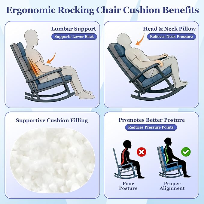 Rocking Chair Cushion, Waterproof and Fade-Resistant Adirondack Rocker Cushions, Indoor/Outdoor Rocking Chair Pads, High Back Memory Foam Patio Furniture Cushions with Ties, 44x23x4 Inch, Burgundy