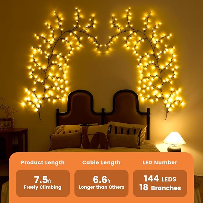 2Pcs Enchanted Willow Vine Lights with Remote, 18 Branches 144 LEDs Lighted Willow Vine for Wall Decor, Indoor Christmas Swags Decorations for Bedroom, Living Room & Home Decor