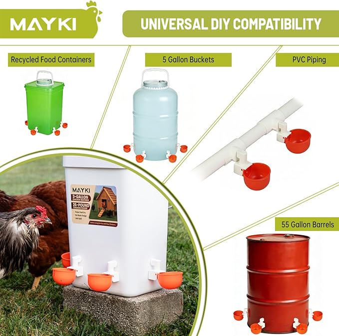 MAYKI Chicken Waterer Cups, 4-Pack Automatic Water Dispenser, No-Leak Poultry Waterer for Coop Buckets & DIY Systems, Large Water Cups for MAYKI Waterer Set, Durable PVC