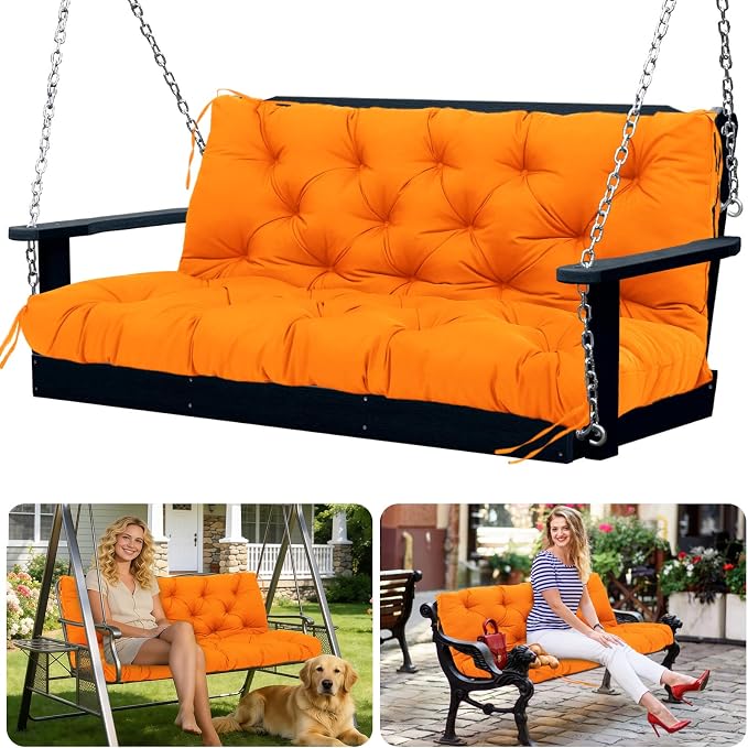 Porch Swing Cushions 2 Seater Replacement Thicken 5" Waterproof & Fade Resistant Swing Cushions for Outdoor Furniture Bench Patio Swing Cushion with Backrest & Ties(Orange 48x40x5inch)