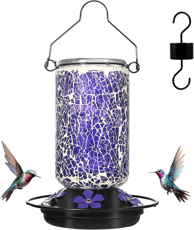 Glass Hummingbird Feeder,Purple Hummingbird Feeders for Outdoors Hanging, 19 Ounces, Mosaic Bottle Easy to Clean, 5 Feeding Ports, Ant Moat Included