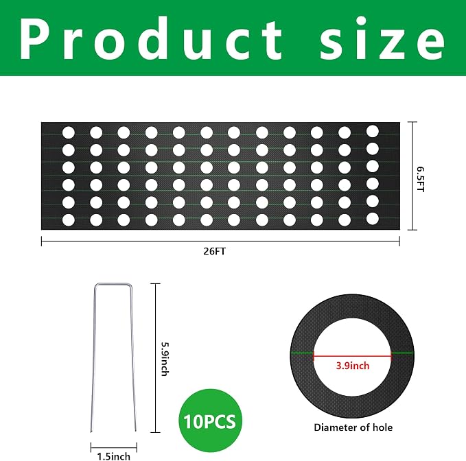 codree 26 x 6.5 Ft Garden Weed Barrier Landscape Fabric with Planting Holes- Heavy-Duty Garden Weed Control Barrier- Weed Block Gardening Mat with 10 Ground Nail for Outdoor Garden