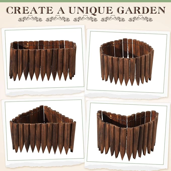 Sasylvia 6 Pack Wooden Garden Edging Wood Garden Fence Panels Pathway 7.9 x 42 Inch Outdoor Landscape Edging Wood Edging Border Flexible Decorative Border Burnt Fence for Spring Garden Patio Yard