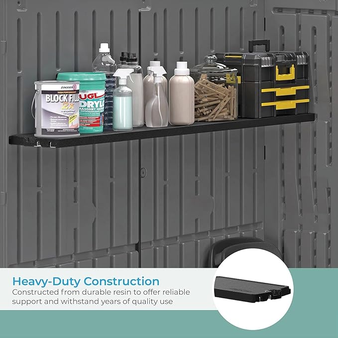 Suncast 2 Pack Horizontal/XL Vertical Shed Shelf Kit, Space Saving Shelving Wall Mount Outdoor Storage Structures, 50" W x 10.25" D x 1.25" H, Black