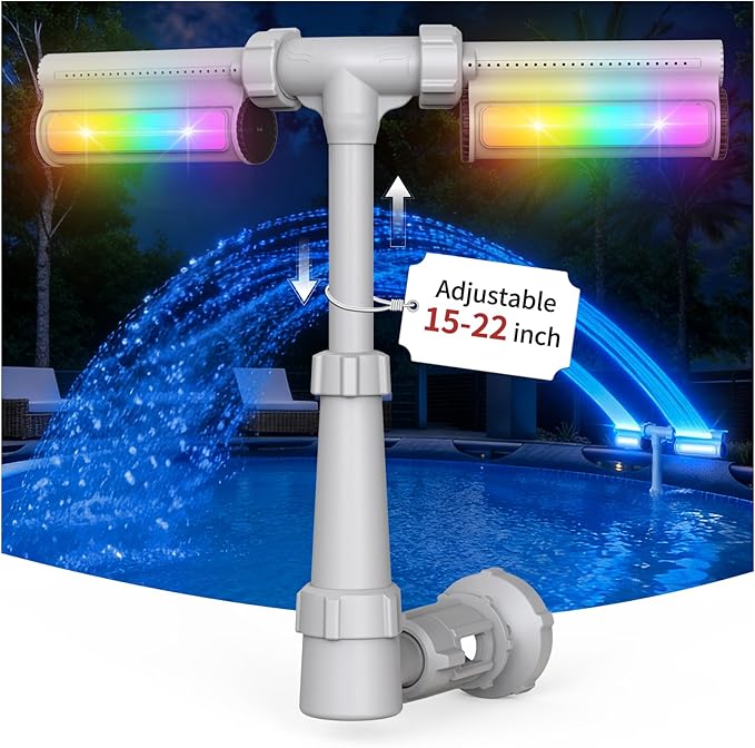 Pool Fountain 7-Color 4 Modes LED Lights for Above/Inground Pools, Dual Sprayer Sprinkler Waterfall Cool 20℉, Pool Lights with Remote, Adjustable Height 16-22", Swimming Pool Accessories,Outdoor Decor